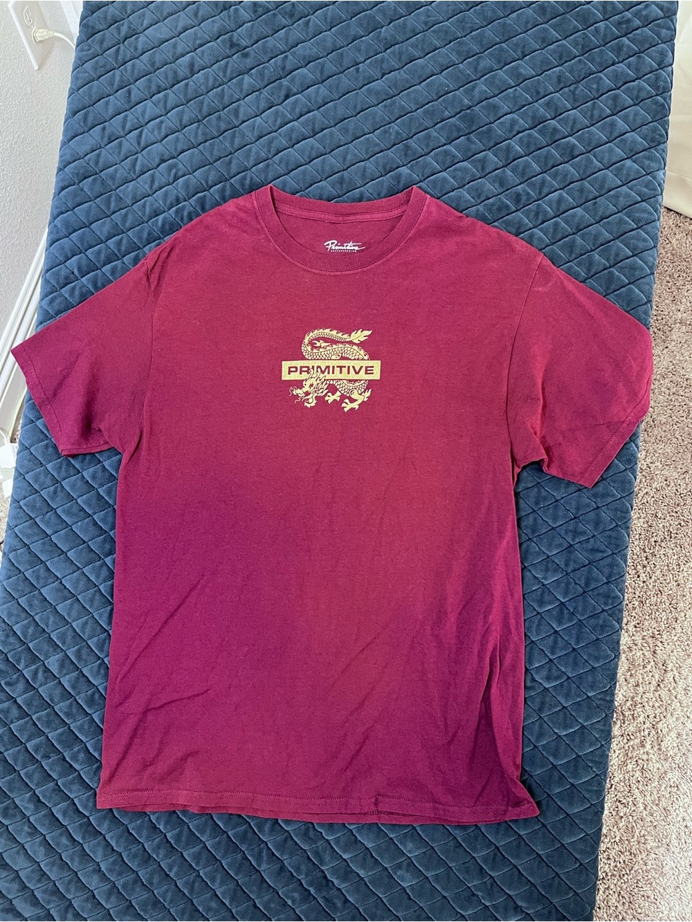 Primitive Burgundy Tee with Gold Dragon Logo - Casual Men’s Wear - Skateboarding